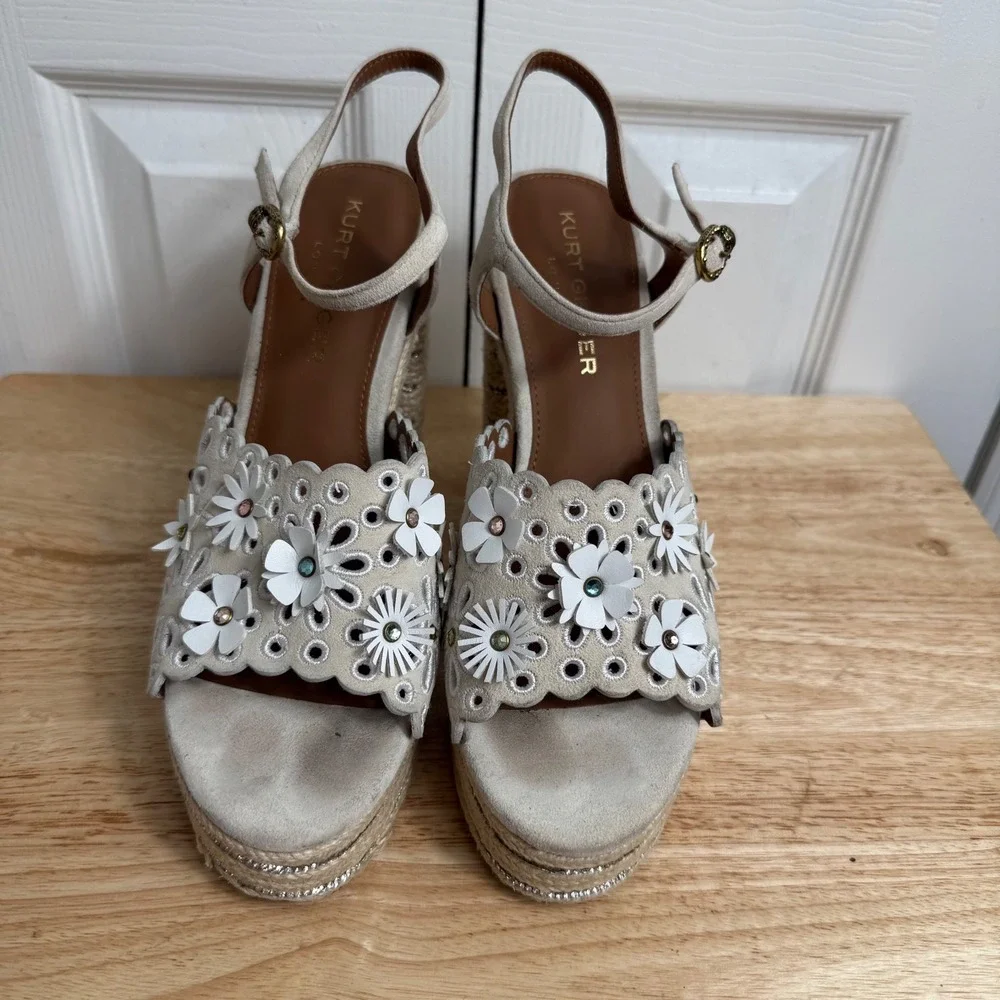 Kurt Geiger Floral Platform Sandals 41 Cream Cottagecore Boho Espadrille Heels